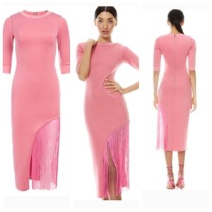 ALICE +OLIVIA ASYMMETRICAL FRINGE MIDI DRESS